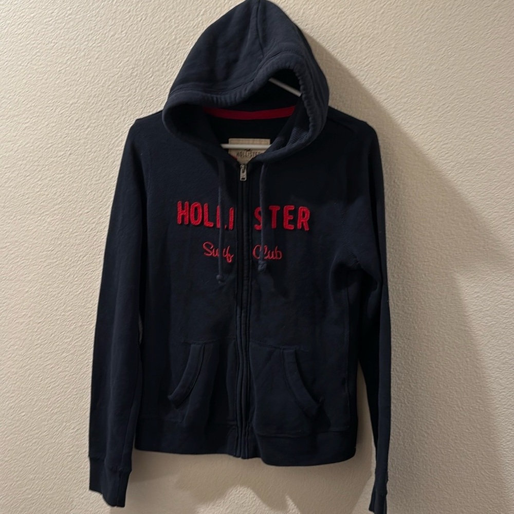 Hollister Navy Blue Zip Hoodie Womens L Large Red Writing Y2K